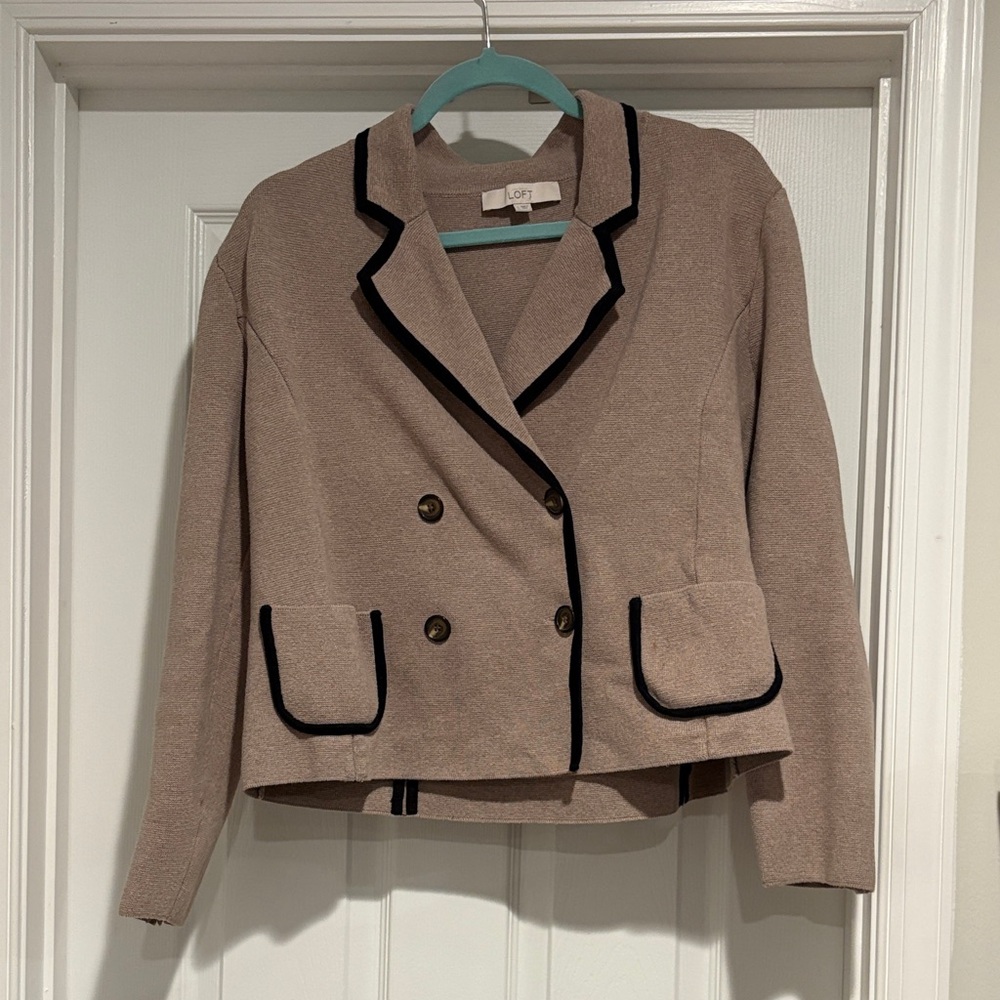 LOFT Women's Beige Knit Double-Breasted Blazer with Black Trim